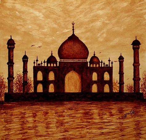 "Taj Mahal Lovers Dream" - Georgeta Blanaru coffee painting. " Coffee Painting Canvas, Painting With Coffee, Coffee Art Drawing, Coffee Paint, Coffee Paintings, Mumtaz Mahal, Coffee Art Painting, Monochromatic Painting, Shah Jahan