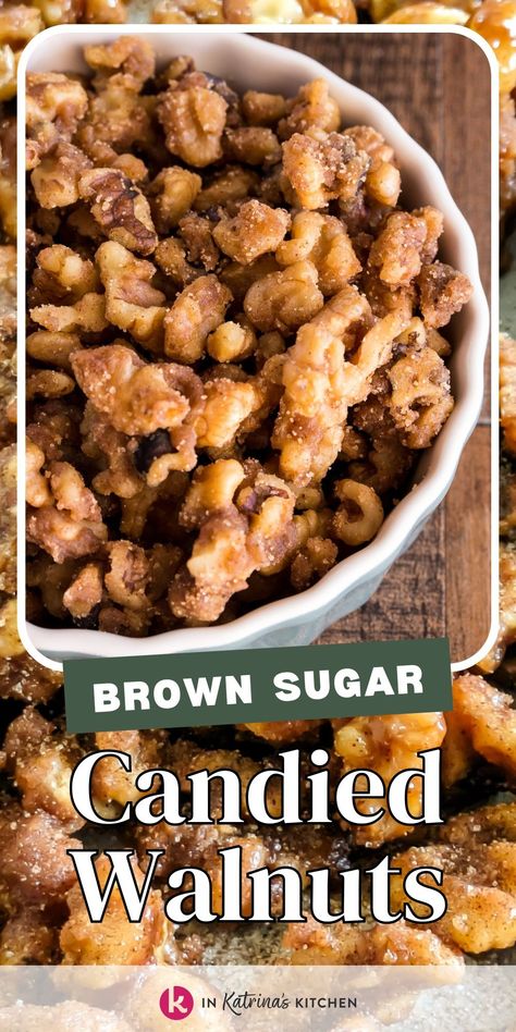 PERFECT for charcuterie boards! Brown Sugar Candied Walnuts will be your go-to topping for sweets, salads, and snack mixes. Package them up as a hostess gift or a holiday gift for friends! Candied Walnut Recipe, Snack Mixes, Walnut Recipes, A Charcuterie Board, Holiday Favorite Recipes, Nut Recipes, Pecan Recipes, Sugar Candy, Candied Nuts