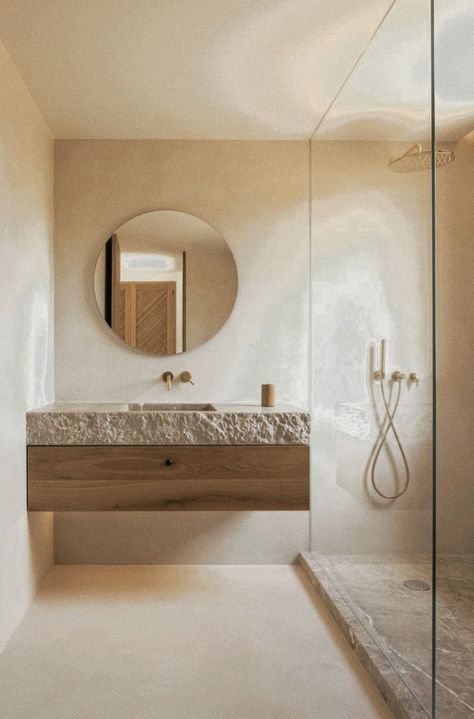 Cali Flooring Dawn Patrol, Mallorca Bedroom Interior Design, Limestone Wash Bathroom, Mediterranean Spa Bathroom, Bedroom Decor Wooden Bed, Microcement Bathroom Ideas, Modern Organic Natural Home, Japandi Style Bathroom, Microcement Bathroom