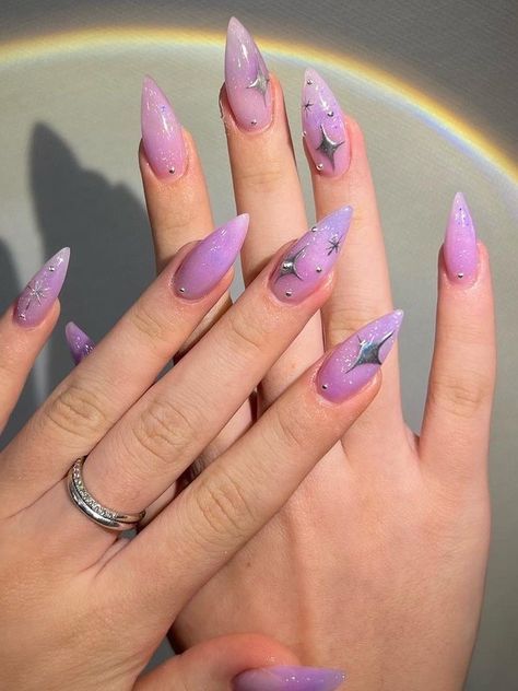 Purple Sliver Nails, Gel X Purple Nails, Purple Sparkle Ombre Nails, Acrylic Nails Purple Design, Purple Nails Ballerina, Nail Designs Purple Lavender, Pink Purple Nail Designs, Korean Purple Nails, Cool Purple Nails