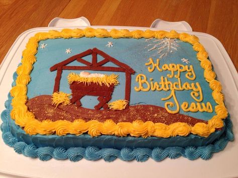 Baby Jesus Manger Cake; Happy Birthday Jesus Cake Jesus Cake Ideas, Preschool Treats, Happy Birthday Jesus Cake, Jesus Birthday Cake, Jesus Cake, Happy Birthday Jesus Party, Jesus Birthday Party, Preschool Christmas Party, Cake Happy Birthday