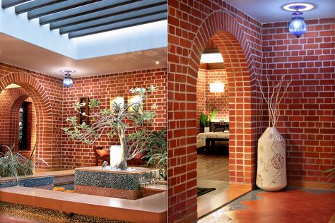 Red Brick Cottage, Brick Interior Design, Dipen Gada, Brick House Designs, Kerala Architecture, Bricks Wall, Brick Cottage, Front Wall Design, Red Brick Wall