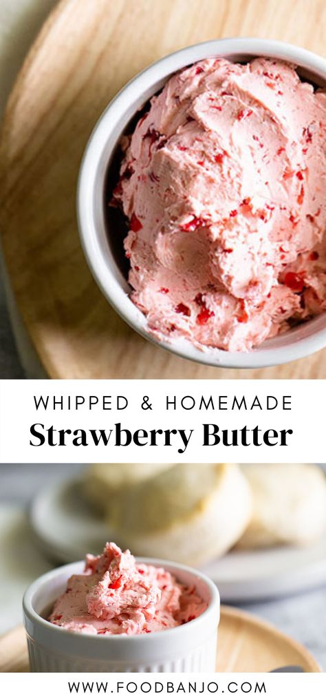 Fancy up your brunch with this homemade whipped strawberry butter. It's creamy and fluffy and delicious on croissants, biscuits, or even just toast! Homemade Strawberry Butter, Strawberry Butter 12 Tomatoes, Strawberry Compound Butter, Homemade Strawberry Bread, Whipped Butter Flavors, Flavored Whipped Butter Recipes, Gourmet Butter Recipes, Strawberry Brunch Recipes, Whipped Flavored Butter