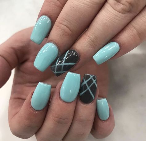 Baby Blue And Black Nails, Blue And Gray Nails, Blue And Grey Nails, Tiffany Blue Nails, Stripped Nails, Finger Nails, Gray Nails, Blue Nail Designs, Nails Prom