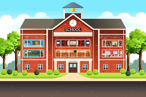 School Building by artisticco A vector illustration of school building Animation Schools, Kids Going To School, School Illustration, School Images, Diy Back To School, Building Drawing, Building Illustration, Kids Moves, School Building