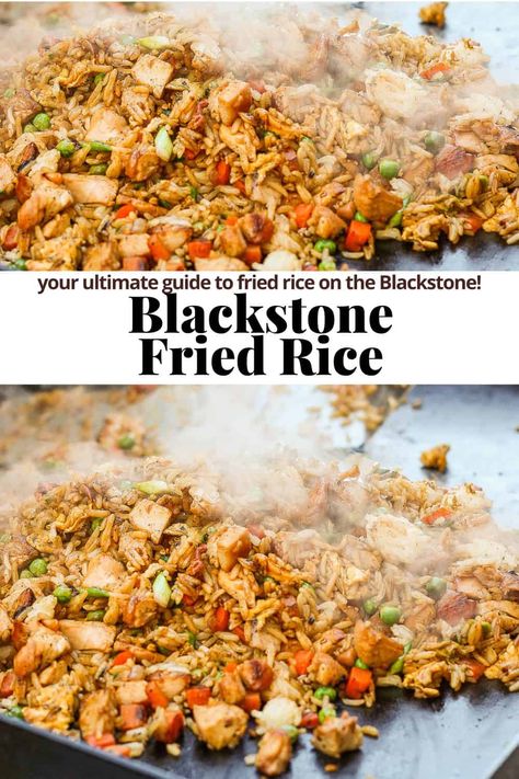 Blackstone Fried Rice - The BEST Blackstone Fried Rice that can be made with chicken, shrimp or veggie-style with the most amazing sauce - get this on your menu! #blackstonefriedrice #blackstonefriedricerecipe #blackstonefriedricerecipehibachi #blackstonefriedricechicken Black Stone Rice Recipes, Blackstone Grill Chicken Fried Rice, Blackstone Cauliflower Fried Rice, Blackstone Fried Rice Chicken, Blackstone Pork Fried Rice, Teriyaki Chicken Fried Rice Blackstone, Fries Rice On Blackstone, Black Stone Griddle Fried Rice, Chinese Food On The Blackstone