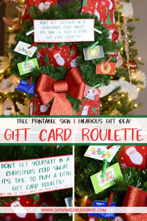 Gift Card Roulette Wreath | Gift Card Roulette | Christmas Gag Gift | White Elephant Gift | Christmas Gift Card Gift Idea | Christmas Gift Idea Funny | Down Redbud Drive #giftcardroulette #diygaggift #diywhiteelephantgift #christmasgiftidea #christmaswreathgift White Elephant Gift Card Roulette, White Elephant Gift Card Ideas, Games To Play With Gift Cards, Holiday Money Games, Christmas Gift Card Game Ideas, Gift Card Roulette Game, Lottery Ticket Christmas Tree, Games With Gift Cards, Gift Card Gift Ideas Christmas