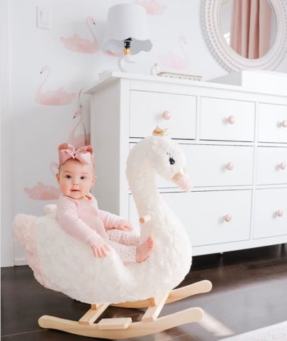 Soft Pink Nursery, Pink Nursery Ideas, Pink Nursery Wallpaper, Swan Nursery Decor, Swan Nursery, Pink Baby Room, Nursery Rocker, Girl Nursery Room