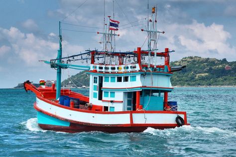 FISHING BOAT RAYONG by Adrian Watson Fishing Boats Illustration, Thai Boat, Lobster Fishing Boats, Long Tail Boat Thailand, Ocean Fishing Boats, Rayong, House Boat, Fishing Boats, Sailing Ships