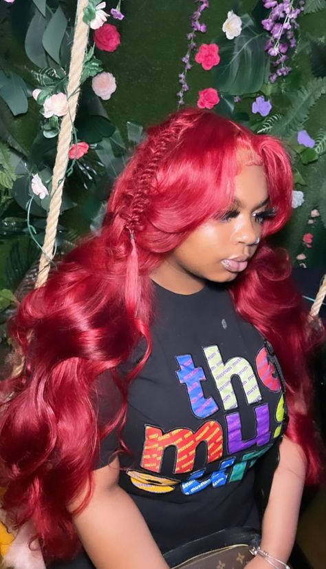 Red Frontal Wig Install, Red Wig For Black Women Hairstyles, Red Wig Install Styles, Outfits With Red Hair Black Women, Red Lace Front Wigs Black Women, Red Hairstyles Black Women, Red Hair Styles For Black Women, Red Wig Black Women, Red Wig Styles