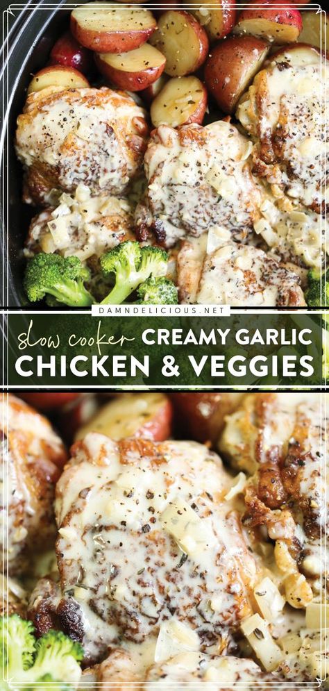 SLOW COOKER CREAMY GARLIC CHICKEN AND VEGGIES, crockpot, slow cooker recipes Chicken Potatoes And Broccoli, Potatoes Broccoli, Crockpot Chicken Thighs, Summer Crockpot Recipes, Crockpot Meal, Crock Pot Potatoes, Chicken And Veggies, Creamy Garlic Chicken, Creamy Garlic Sauce