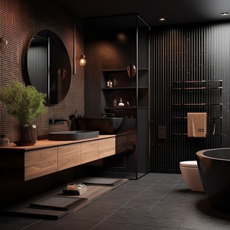 This bathroom design is a masterpiece of modern elegance! The sleek black elements paired with warm wooden accents create a bold yet inviting space. Perfect for those who love minimalist luxury. 🖤✨ Would this be your dream bathroom? Share your thoughts below! #BathroomGoals #ModernBathroom #BlackAndWood #LuxuryDesign #MinimalistDecor #InteriorDesignLovers #BoldInteriors #SleekAndChic #HomeInspo #BathroomInspiration #ModernHomeDecor #InteriorGoals #SpaVibes #ElegantSpaces #ContemporaryLiving ... Modern Bathroom Design Wood, Bathroom Design Wood, Minimalist Luxury, Black Tiles, Contemporary Homes, Wood Detail, Dream Bathroom, Black Bathroom, Black Walls