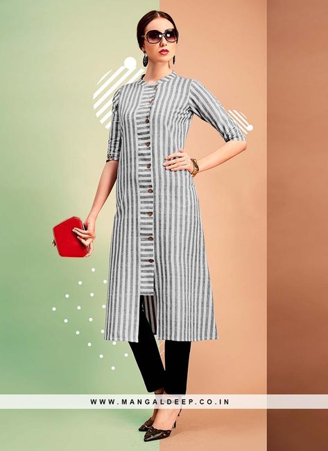 Soothing Grey Color Party Wear Cotton Kurti #cotton #kurti Indian Kurti Designs, Kurti Sleeves Design, Kurta Patterns, Designer Kurti Patterns, Color Party, Simple Kurti Designs, Salwar Designs, Kurti Designs Latest, Long Kurti Designs