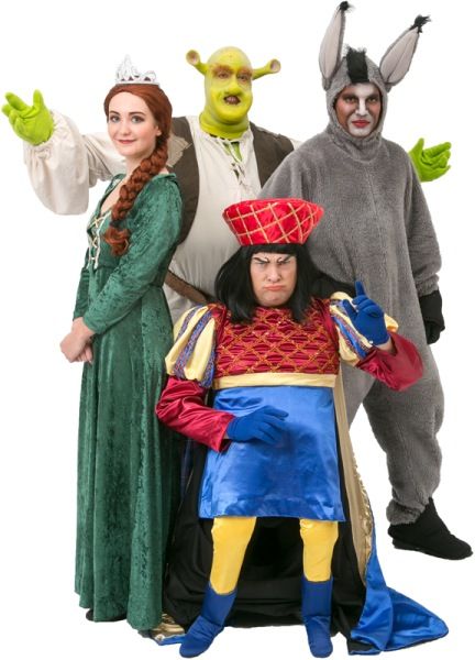 Rental Costumes for Shrek the Musical - Shrek, Princess Fiona, Donkey, and Lord Farquaad Shrek Costume Group, Lord Farquaad Costume, James And The Giant Peach Costume, Fiona Costume, Donkey Costume, Funny Group Halloween Costumes, Shrek Character, James And Giant Peach, Shrek The Musical