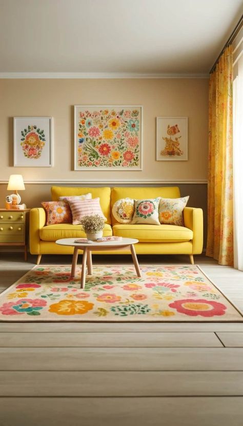 15 Beautiful Rug Colors That Make Your Yellow Couch Pop (2024) Yellow Theme Living Room Decor, Yellow Room Color, Soft Yellow Living Room, Yellow Couch Decor, Living Room With Pop Of Color, Pale Yellow Living Room, Pink And Yellow Living Room, Living Room Designs Colorful, Pops Of Color Decor