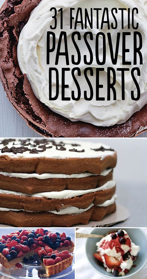 31 Fantastic Passover Desserts! I want to try Pistachio Meringue Stack With Rose Cream And Strawberries, Marble Matzoh Crunch, Chocolate Truffle Pie With Orange-Champagne Sabayon, and Fallen Chocolate Cake! Feast Of Unleavened Bread, Jewish Holiday Recipes, Passover Desserts, Party Bites, Passover Seder, Passover Recipes, Yom Kippur, Kosher Recipes, Sukkot