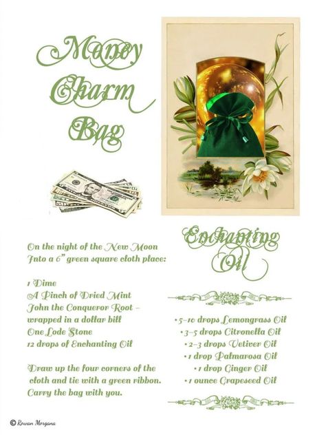 MONEY CHARM BAG, Money Making Spell Recipe, Bring Prosperity, Wicca Abundance Spell, Attract Money, Witch Wealth Spell Money Oil Recipe, Abundance Spells, Basic Witchcraft, Wealth Spell, Abundance Spell, Witches Jar, Vetiver Oil, Abundance Money, Grimoire Pages