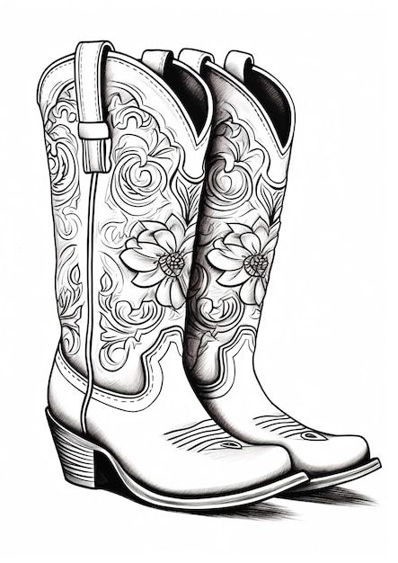 Cowboy Boots Drawing Reference, Cowboy Boots Sketch, Flash Drawing Sketches, Cowboy Boot Drawing, Boot Sketch, Western Coloring Pages, Western Art Drawings, Boots Sketch, Cowboy Boots Illustration