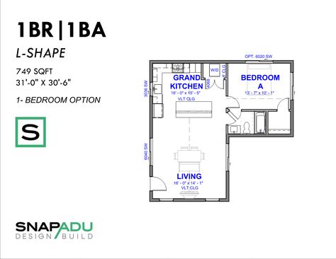 Casita Floor Plan - 1 Bedroom 1 Bath ADU plan under 750 sqft 500 Sq Ft Tiny House, Casita Floor Plans, 1 Bedroom Adu, Casita Plans, 3 Bedroom Plan, Floorplan Ideas, Adu Plans, Granny Flat Plans, Tiny Home Plans