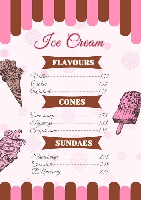 Pink Menu Template Blank, Ice Cream Menu Design Ideas, Ice Cream Menu Design, Blonde Hair Cartoon, Ice Cream Background, Ice Cream Menu, Ice Cream Pink, Hair Cartoon, Italian Ice Cream