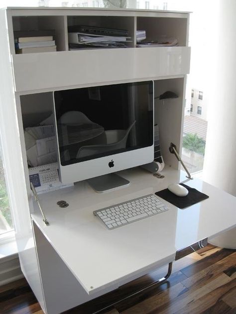 Secretary Computer Desk - Foter Ikea Apartment, Imac Desk Setup, Hidden Desk, Ikea Apartments, Murphy Bed Ikea, Mini Office, Bedroom Desk, Therapy Office, Secretary Desks