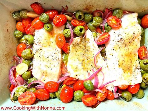 Sicilian Baked Fish Italian Noodle Recipes, Nonna Recipes, Healthy January, Baked Fish Recipe, Cooking With Nonna, Italian Fish, One Pan Pasta, 7 Fishes, Fish Recipes Baked