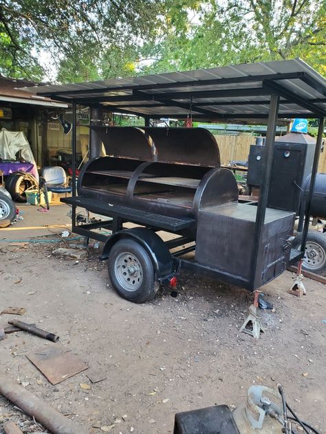 Add a roof to your pit. No more counter weight Bbq Pits Ideas Backyards, Bbq Smokers For Sale, Trailer Grill, Custom Bbq Grills, Bbq Trailer, Barbeque Design, Custom Bbq Smokers, Barbeque Grill Design, Smoker Designs