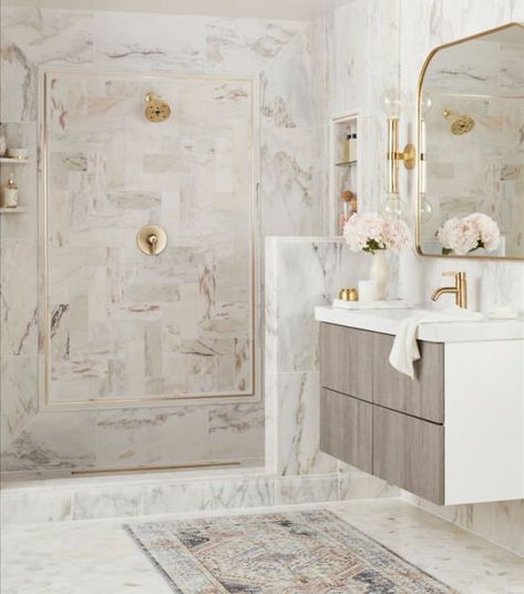 White marble bathroom with shower and sink. Marble Tile Bathroom, Marble Collection, Honed Marble, The Tile Shop, Wall Trim, Marble Look Tile, Bathroom Wall Tile, Marble Wall, Marble Tile