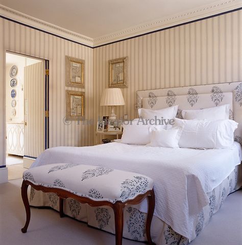 Jane Churchill ~ The guest bedroom is themed with blue and white from the striped fabric which lines the walls to the Ralph Lauren fabric on the bed Jane Churchill, Designer Portfolio, Bedroom Bliss, Interior Decorator, Pretty Bedroom, Blue Home Decor, Dreamy Bedrooms, Beautiful Bedding, Drawing Room