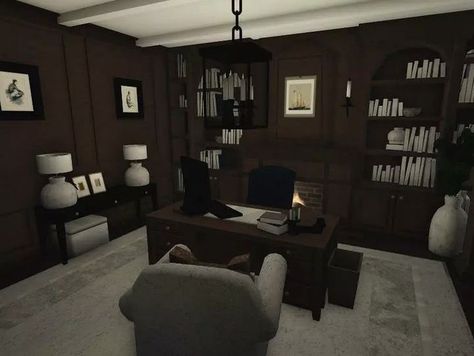 Modern Bloxburg Master Room, Dark Academia Aesthetic Bloxburg House, Bloxburg Library Room Ideas, Roblox Bloxburg Office Ideas, Blocksburg Office Ideas, Bloxburg House Ideas Dark Academia, Dining Room Decor Bloxburg, Office Room Bloxburg, Grunge Bloxburg Room