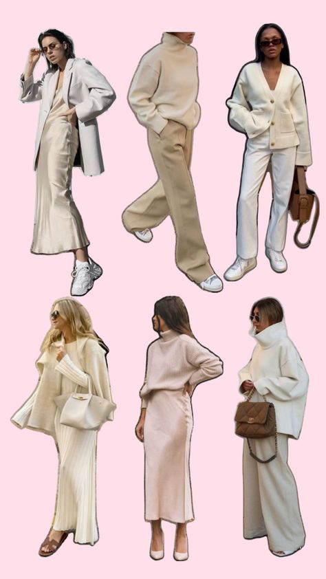 A collage of all cream/ivory colored outfits that are fall ready! Sweaters, skirts, all the vibes. Fall Collage, Collage, Cream, Quick Saves