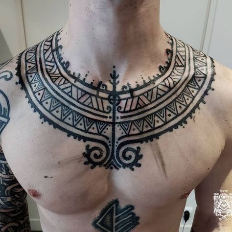 Nordic Tattoo Back, Sleeve Tattoos Nordic, Nordic Folk Art Tattoo, Norse Chest Tattoo, Dwarven Tattoo, Viking Chest Tattoo, Norse Hand Tattoo, Anatomy Tattoo, Pagan Tattoo