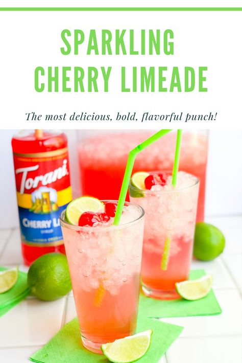 Football season is back again, and I’m all about the tailgates! No surprise there! This homemade Cherry Limeade is the best game day punch! Made with sprite, fresh lime juice, maraschino cherries, and my favorite Cherry Limeade Torani Syrup. Torani Cherry Syrup Recipes, Torani Soda Recipes, Torani Syrup Recipes Drinks Soda, Torani Syrup Recipes Drinks Water, Torani Drink Recipes, Torani Syrup Recipes Drinks, Torani Drinks, Sugar Free Syrup Recipe, Torani Syrup Recipes