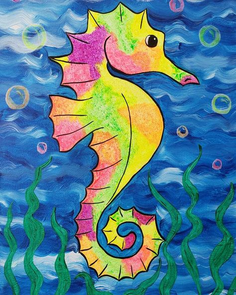 Seahorse Painting, Under The Sea Crafts, Sea Creatures Art, Seahorse Art, Painting Parties, Best Paint, Ocean Canvas, Water Drawing, Bright Paintings