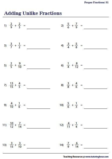 Adding Fractions Worksheet, Unlike Fractions Worksheet, Adding Unlike Fractions, Fractions Worksheets Grade 4, Unlike Fractions, Add Fractions, Pre Algebra Worksheets, Addition Of Fractions, Proper Fractions