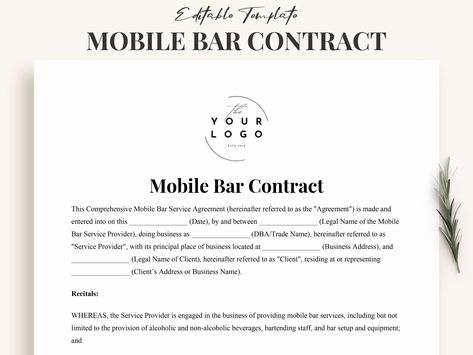 Elevate your event planning with our Customizable Mobile Bar Contract Template, the perfect tool for event planners, mobile bar owners, and catering services. This digital download offers a comprehensive and editable template designed to streamline the booking and planning process for any event, ensuring a smooth and professional experience for both service providers and clients. Why Choose Our Mobile Bar Contract Template? ✔ Fully Customizable: Tailored to fit the unique needs of your mobile ba Catering Contract Agreement, Cute Mobile Bar Names, Mobile Bar Pricing Packages, Mobile Bar Contract, Mobile Bar Pricing Guide, Mobile Bar Packages, Mobile Bar Trailer Names, Mobile Bar Names, Mobile Bar Name Ideas