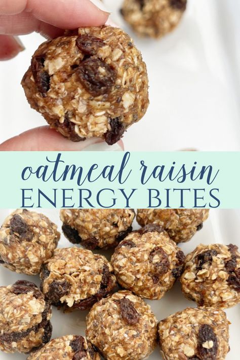 Oatmeal Raisin Energy Bites- These oatmeal raisin energy bites taste just like oatmeal raisin cookies! Easy and healthy! #energybites Oatmeal Raisin Recipes, Oatmeal Raisin Balls, Recipes With Raisins, Engery Bites, Oatmeal Raisin Protein Balls, Oatmeal Raisin Cookies Easy, Healthy Raisin Snacks, Protein Oatmeal Raisin Cookies, Energy Bites With Raisins