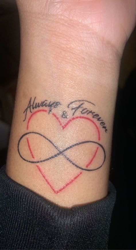 Best Friend In Heaven Tattoo, Forever Together Tattoos, Infinity Heart Tattoo For Women, Forever Tattoo Ideas, Infinity Heart Memorial Tattoo, Forever And Always Tattoos, Always And Forever Tattoo, Heart Tattoo With Infinity Sign, Butterfly Tattoo With Infinity Sign