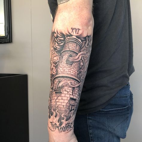 Tower Tarot Card Tattoo, Castle Tower Tattoo, The Tower Tattoo, The Tower Tarot Tattoo, Tower Tarot Tattoo, Tower Tattoo, Apocalypse Tattoo, Chess Tattoo, The Tower Tarot