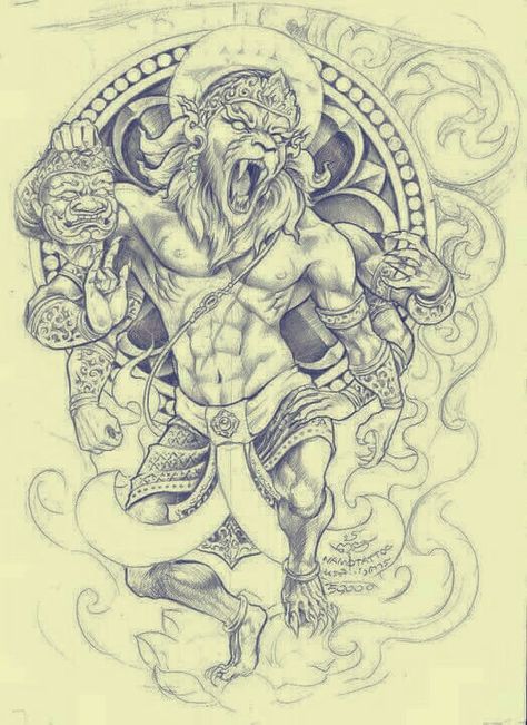 Who know this guy? Rise In Love, Hanuman Tattoo, Ganesha Tattoo, Lion Tattoo Design, Thai Tattoo, Geniale Tattoos, Asian Tattoos, Thai Art, Lion Tattoo