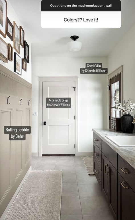 Contrast Trim With Dark Floors, Greige Interior Doors And Trim, Cream Walls With Beige Trim, Off White House Interior, Paint Color Combos Interior, 2024 Trim Trends, Grey Doors And Trim, Sherwin Williams White Walls, Retreat Cabinets Sherwin Williams