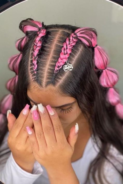 Braid With Colored Extensions, Hair Gem Hairstyles, Braided Hairstyles With Color Extension, Hair Braid Extensions Hairstyle Ideas, Festival Hair Braids Extensions, Color Hair Extensions Ideas, Braid Extensions Hairstyles, How To Braid In Colored Extensions, Braids With Color Extensions