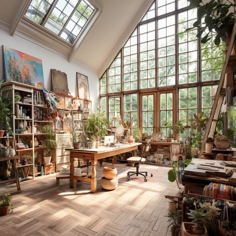 Art Studio Industrial, Conservatory Art Studio, Art Studio With Plants, Greenhouse Art Studio, Sunroom Art Studio, Berlin Blockade, Loft House Design, Art Studio Space, Art Studio Room