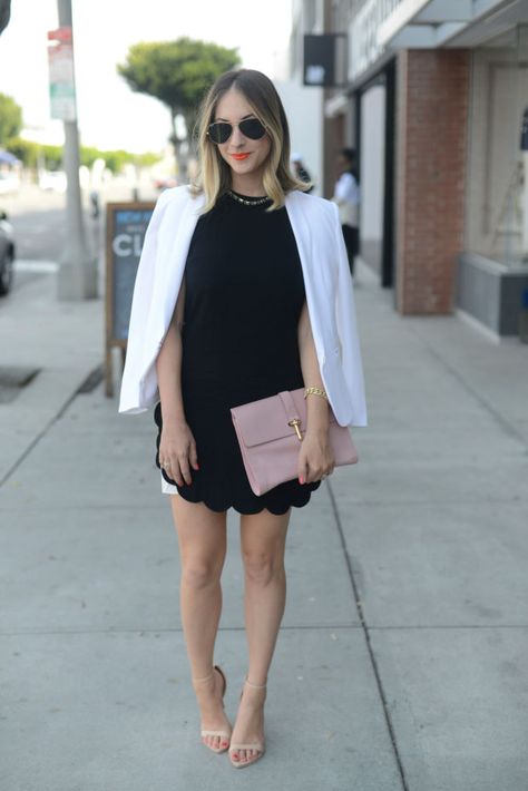 White Blazer Outfits, Balenciaga Clutch, Alexis Dress, Glamour Outfit, Black And White Outfit, Zara Sandals, Fingernail Polish, Toenail Polish, Scalloped Dress