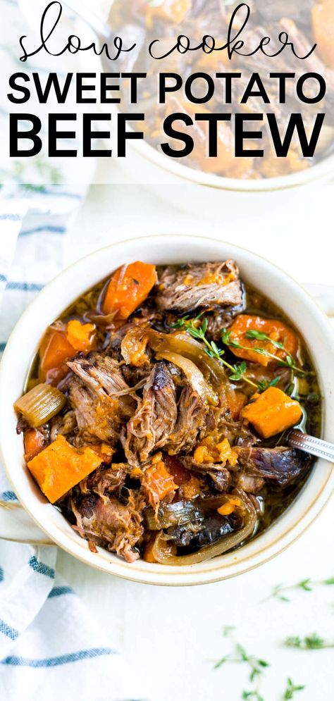 This slow cooker sweet potato beef stew is made with sweet potatoes and chuck roast. It's an easy, comfort food that's healthy too! Throw everything in the crock pot so the veggies soften and the meat falls apart. Sweet Potato Stew Crockpot, Chuck Roast Stew Crock Pots, Pot Roast And Sweet Potatoes, Slow Cooker Recipes Sweet Potato, Pot Roast Sweet Potatoes, Beef Stew Chuck Roast, Sweet Potato Meat, Chuck Roast Sweet Potatoes Crock Pot, Crockpot With Sweet Potatoes