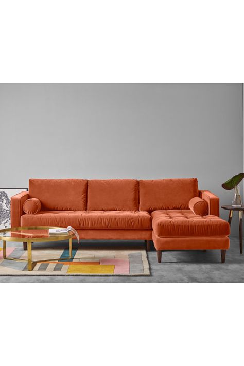 MADE Burnt Orange Cotton Velvet Corner sofa Orange Corner Sofa, Sofa Colour, Nyc Family, Burnt Orange Velvet, Velvet Corner Sofa, Modern Loveseat, Cottage Living Rooms, Green Sofa, Orange Velvet