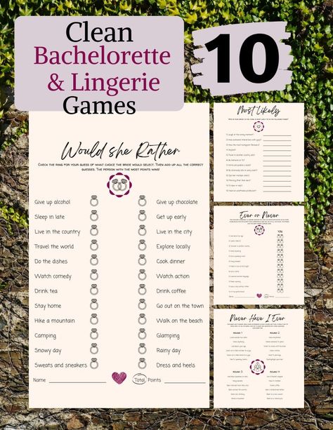 Clean Bachelorette Party Games, The Panty Game Bachelorette, Lingerie Party Ideas, Clean Bachelorette Party Ideas, Bachelorette Party Games Clean, Panty Game Bachelorette, Lingerie Party Games, Bachelorette Party Games Oh Happy Printables, Classy Bachelorette Party Games