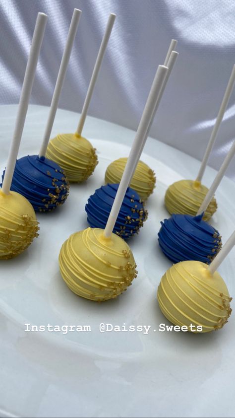 Dessert Table Blue And Gold, Blue And Yellow Sweet 16, Blue And Gold Treats, Blue And Gold Cake Pops, Graduation Party Ideas Blue And Yellow, Blue And Yellow Dessert Table, Wasteland Party, Banquet Desserts, Navy Party Themes