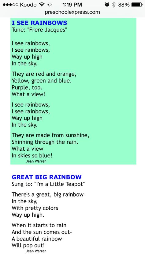 Rainbow songs Rainbow Rhymes Preschool, Shamrock Songs For Toddlers, March Preschool Songs, Color Songs For Preschool, Spring Toddler Songs, Rainbow Songs For Toddlers, Rainbow Songs Preschool, Rainbow Lesson Plans Preschool, Rainbow Rhyme