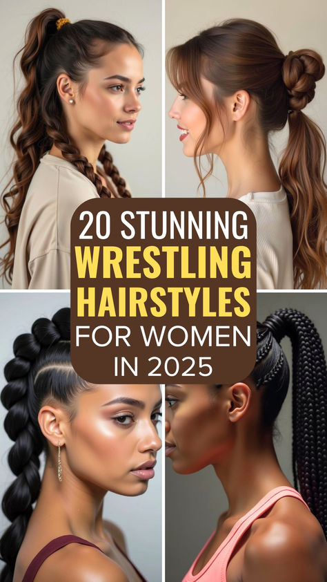 Four stunning wrestling hairstyles for women in 2025, featuring sleek braids, elegant buns, and stylish ponytails. Perfect mix of fashion and function for the mat! Hair Styles For Hip Hop Dance, Braids For Wrestlers, Powerlifting Meet Hairstyles, Law Enforcement Hairstyles For Women, Hairstyles For Wrestling, Dance Comp Hairstyles, Hairstyle For Dance Performance, Military Hairstyles For Women, Wrestling Hairstyles